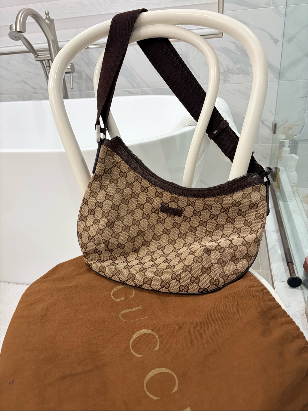 Authentic Vintage Gucci Monogram Medium Crescent Hobo Dark Brown